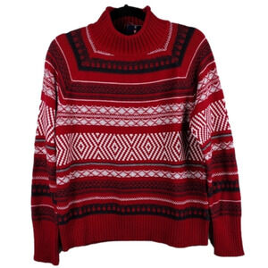 Chaps Red Multicolored Nordic Rib-Knit Embroidered Turtleneck Pullover Sweater